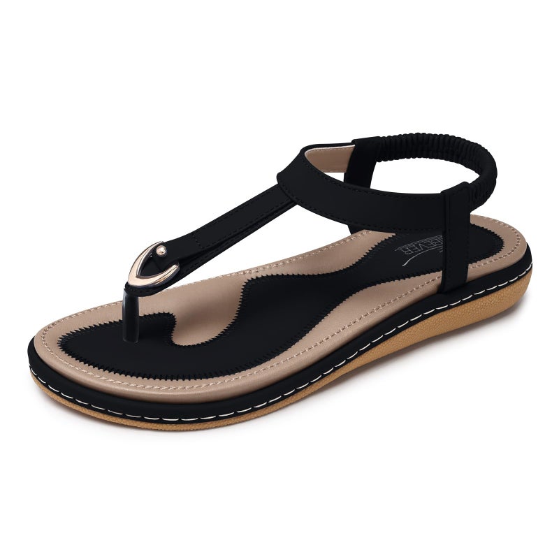 SHIBEVER Womens Sandals Summer Flat: Dressy Casual T-Strap Flip Flop Thong Flat Sandals - Black Size 8 Comfortable Walking - Image 1